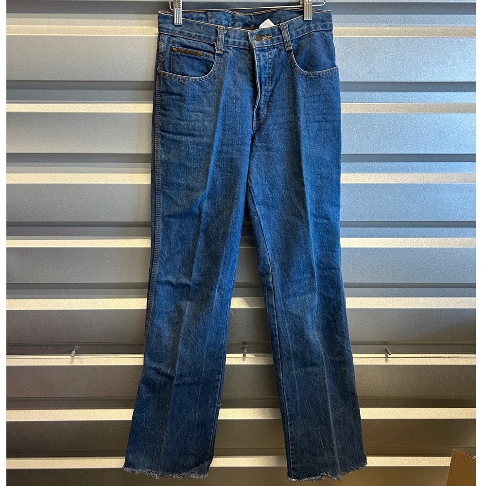 Brittania Mens Blue Denim Jeans Size 26x32 Bootcut Relaxed Raw Hem Vintage 80s